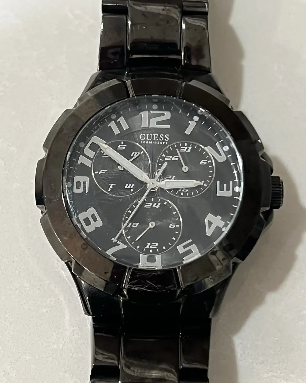 Guess Rush 42mm WaterPro Master Calendar, Day, Date. Black New Battery.